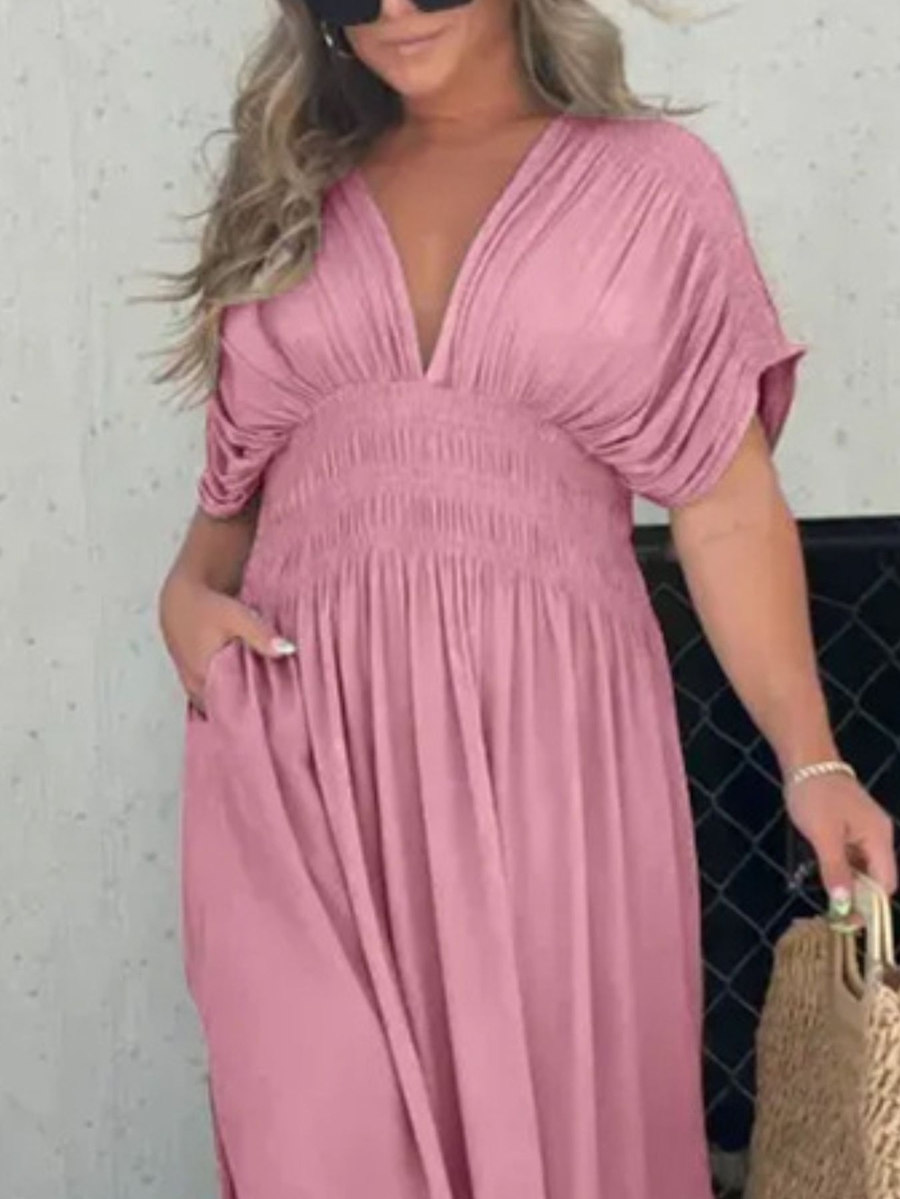 Boho V-Neck Pink Maxi Dress with Smocked Waist- Full & Plus Sizes - Picture 2 of 5